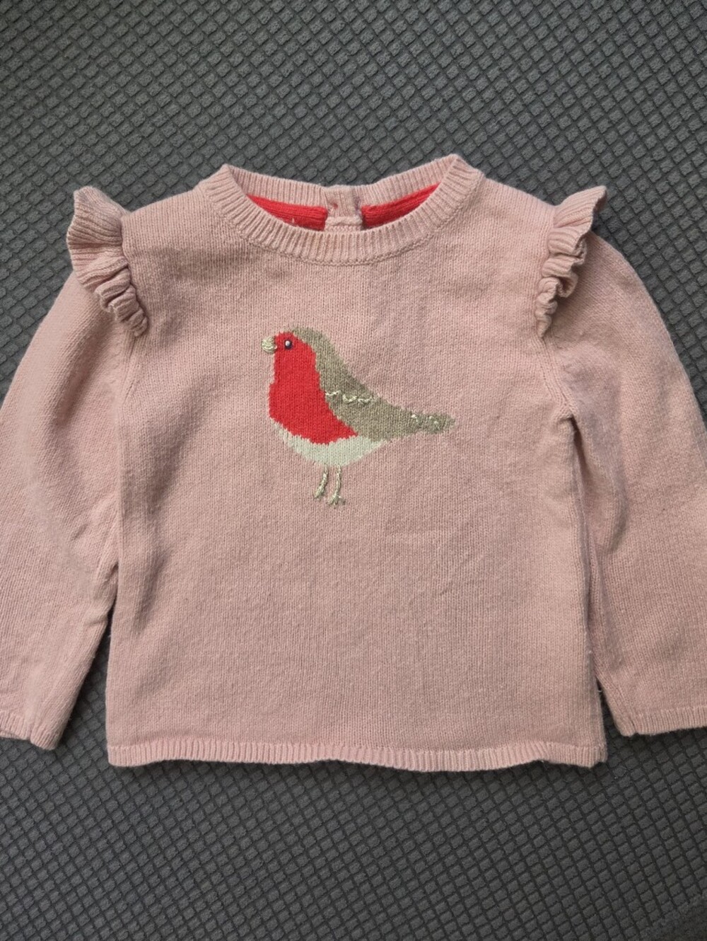 Baby Boden Pink Knit Sweater with Red Robin Embroidery 6-12M
